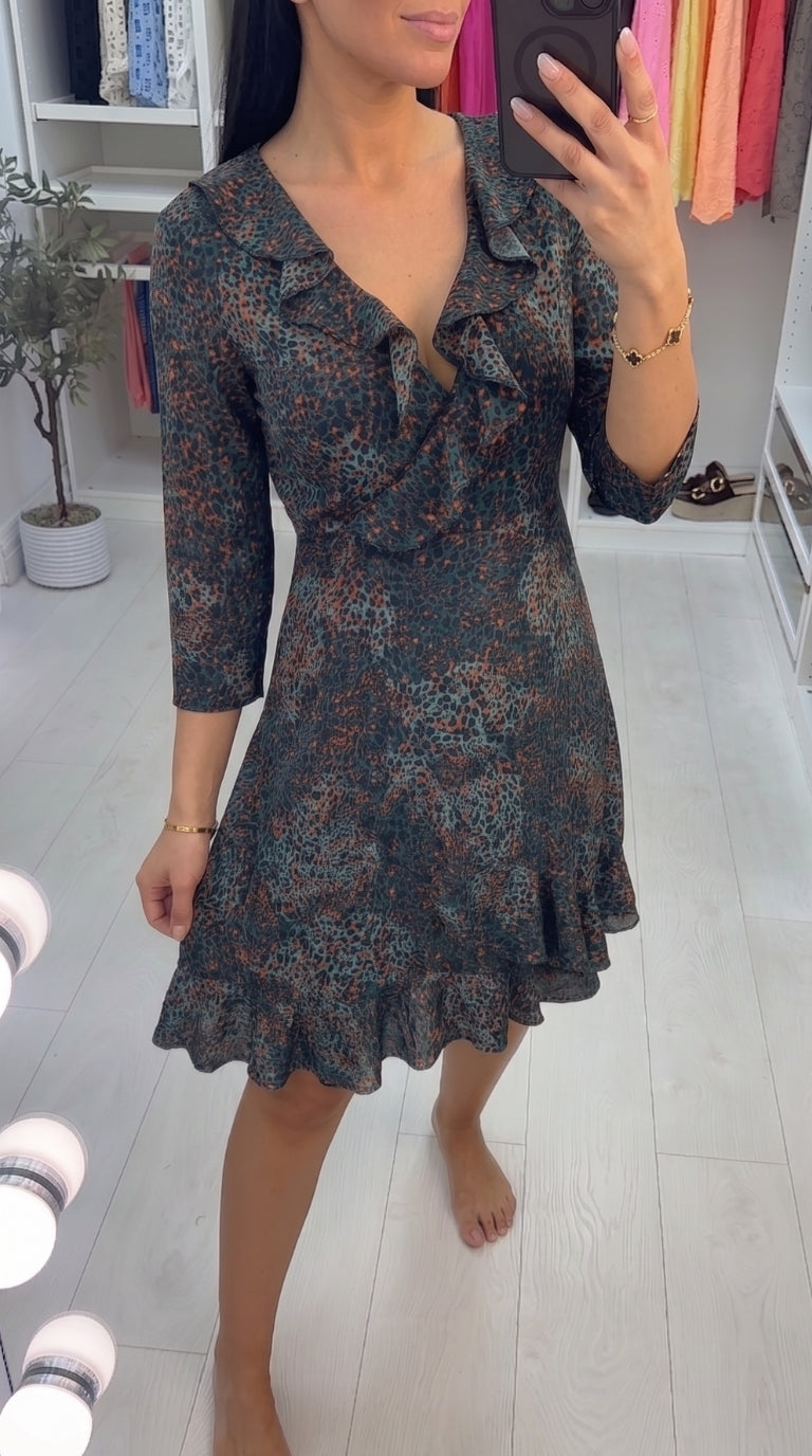 Yvonne Polka Print Emerald Wrap Frill Detailed Swing Dress