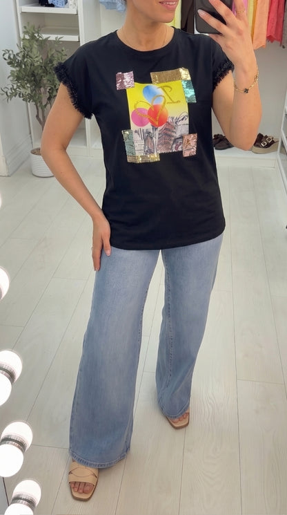 Agata Sequin Picture Slogan Lace Frill Sleeve T-shirt