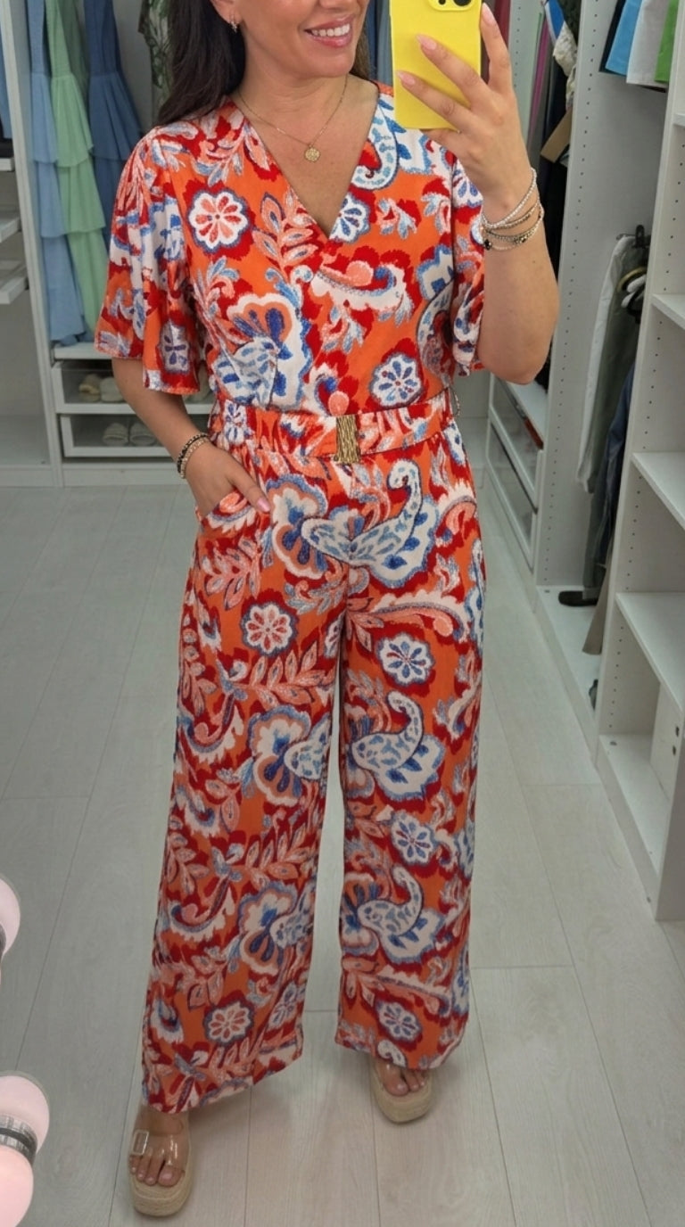 Dakota Floral Print V Neck Wide Leg Belted Jumpsuit