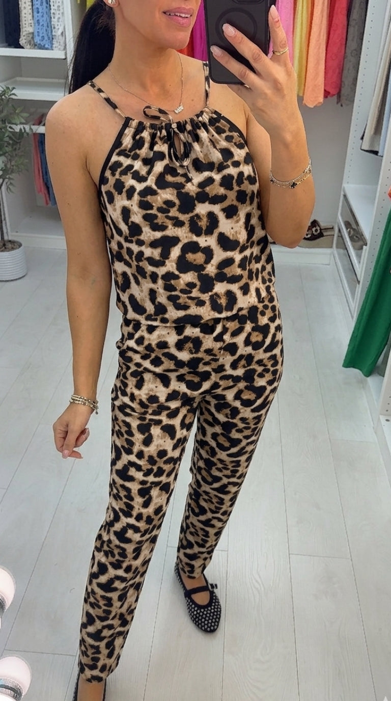 Tali Leopard Print Rouched Tie Neck Jumpsuit