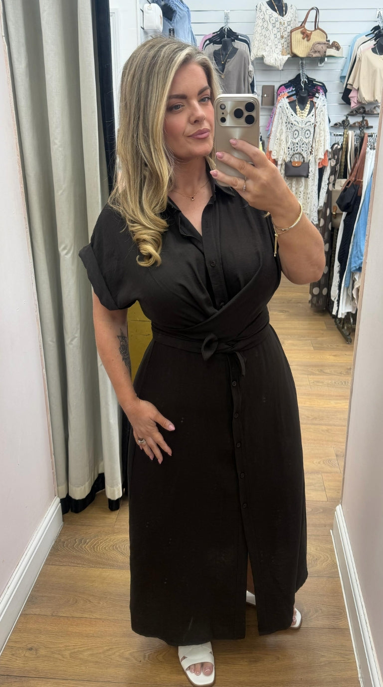 Louie Plain Tie Front Maxi Shirt Dress