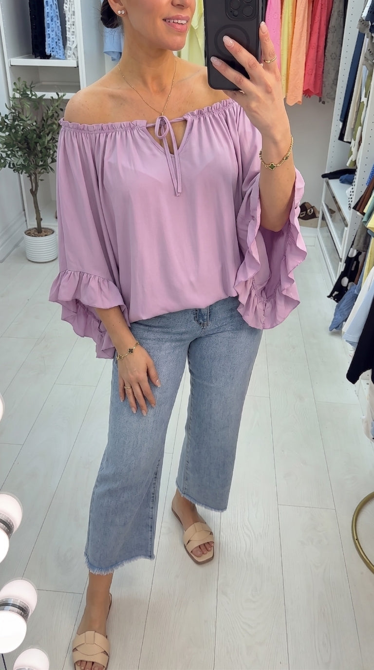 Amberlyn Plain Loose Fit Frill Sleeve Bardot Top