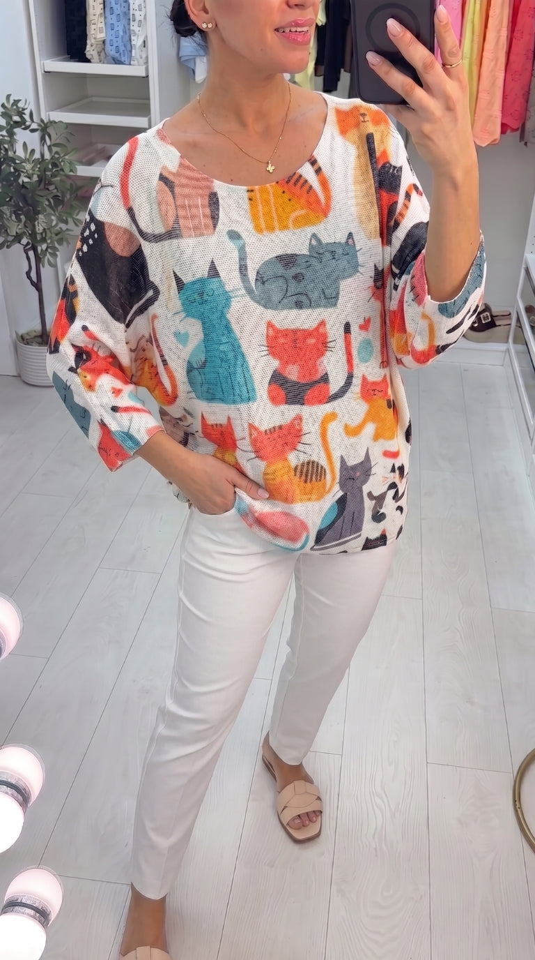 Neeve Cat Print Batwing Top