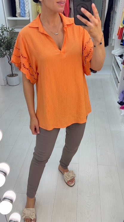 Windsor V Neck Collar Crochet Sleeve Top