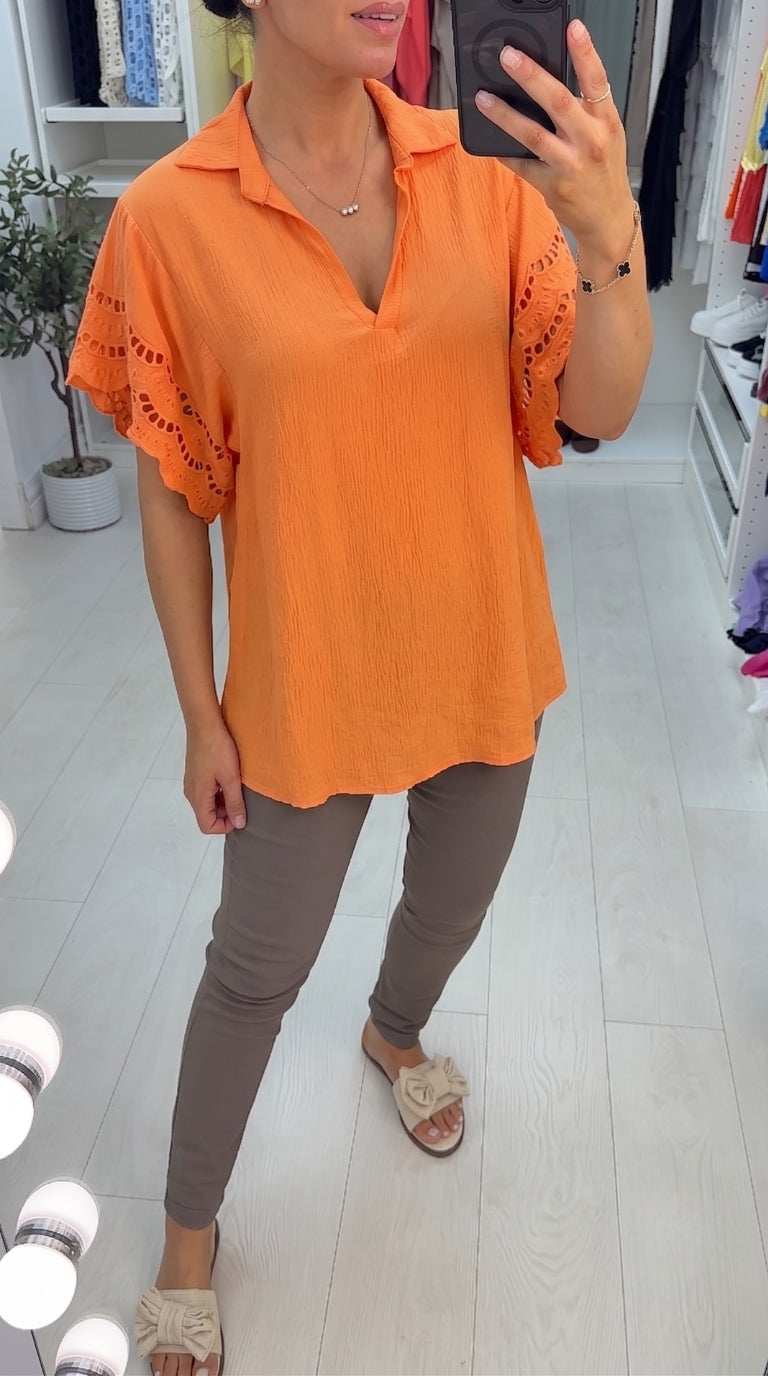 Windsor V Neck Collar Crochet Sleeve Top