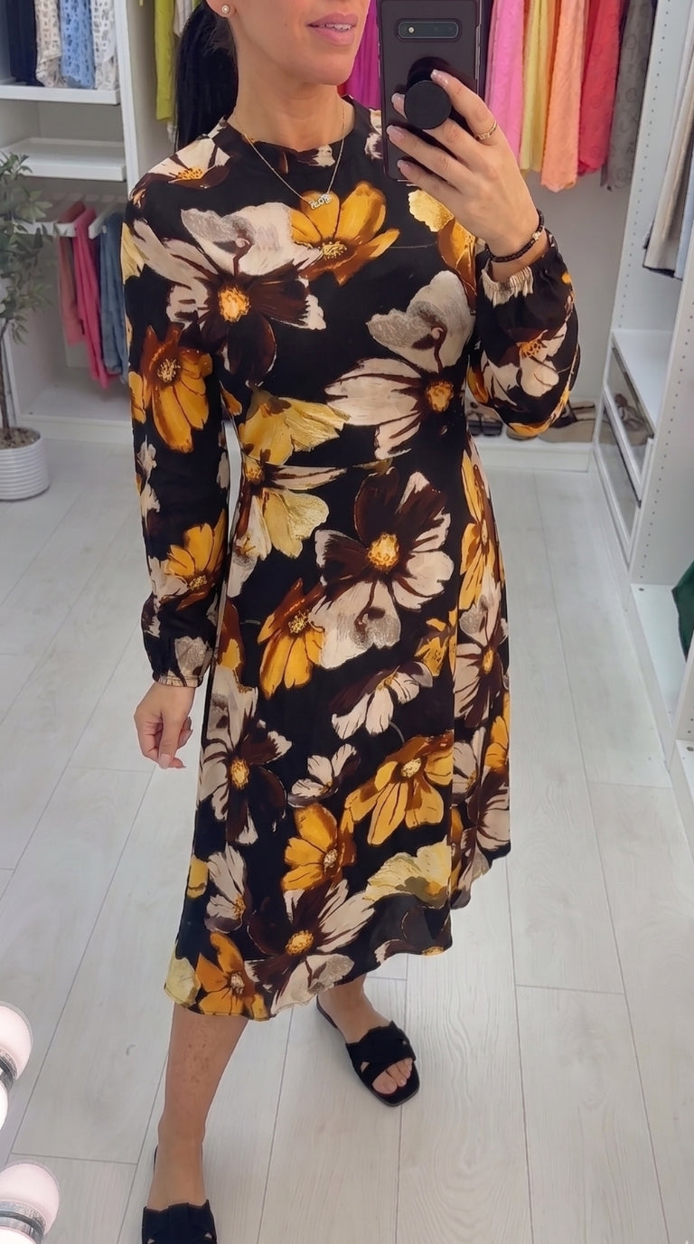 Marsella Mustard Floral Printed Midi Swing Dress