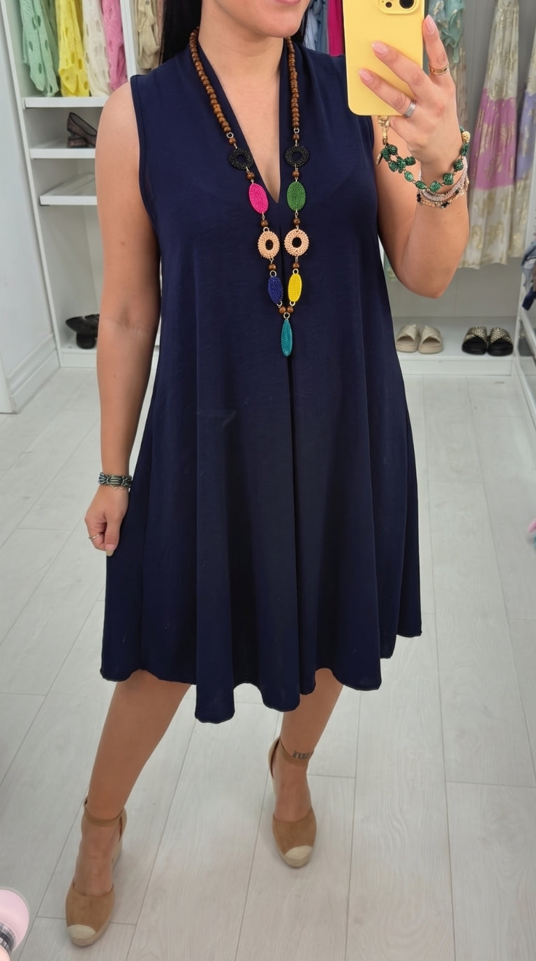 Ebby Plain V Neck loose Fit Necklace Dress