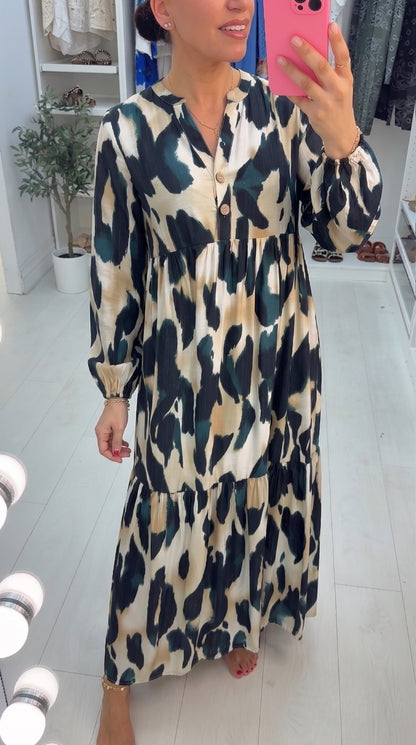 Kelsey V Neck Cheetah Print Smock Maxi Dress