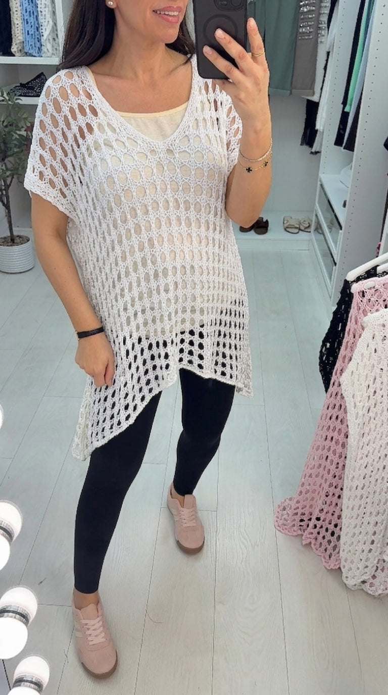 Iyla V Neck Dipped Hem Longline Crochet Top