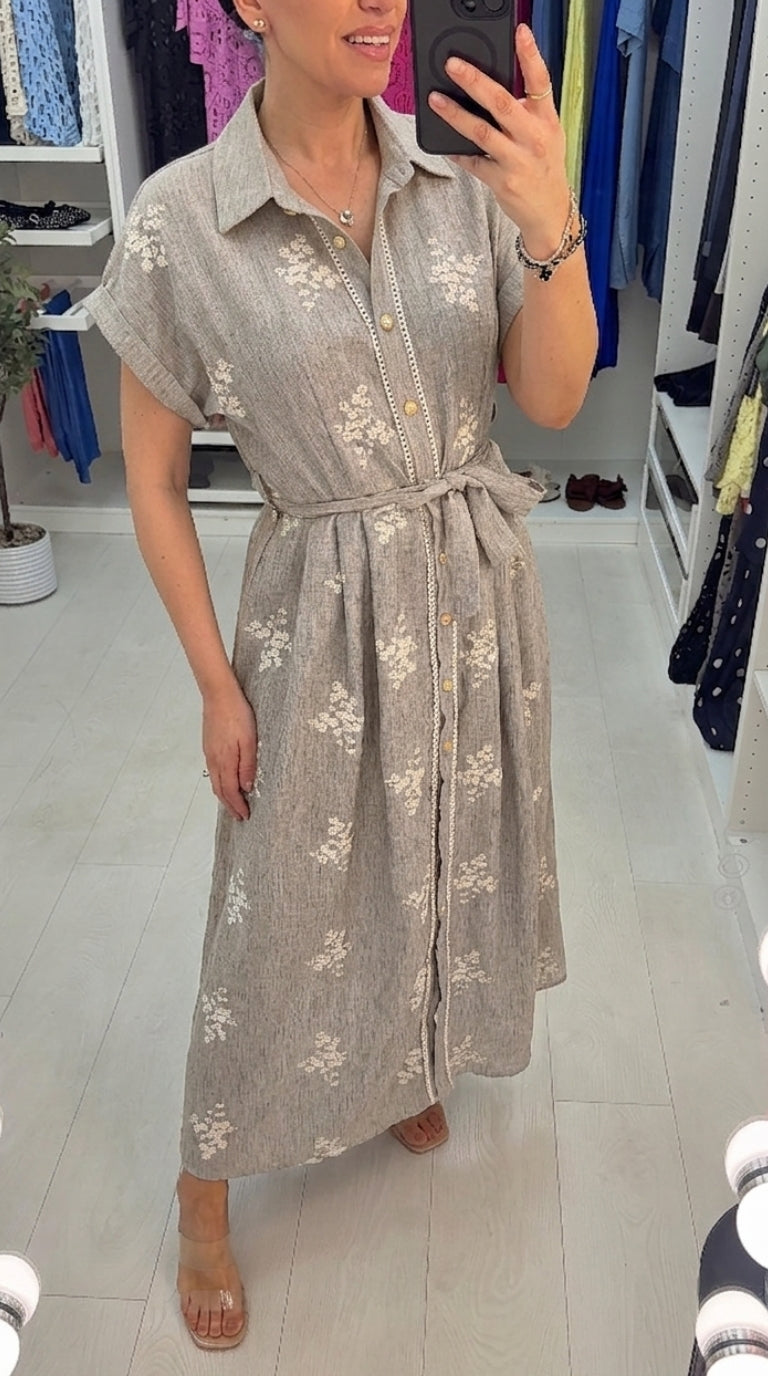 Abbie Floral Embroidered Button Front Shirt Dress