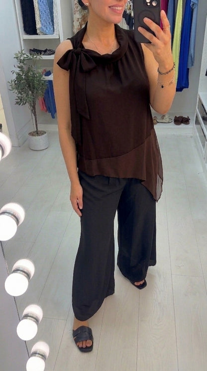 Noray Plain Tie Neck Detail Chiffon Top