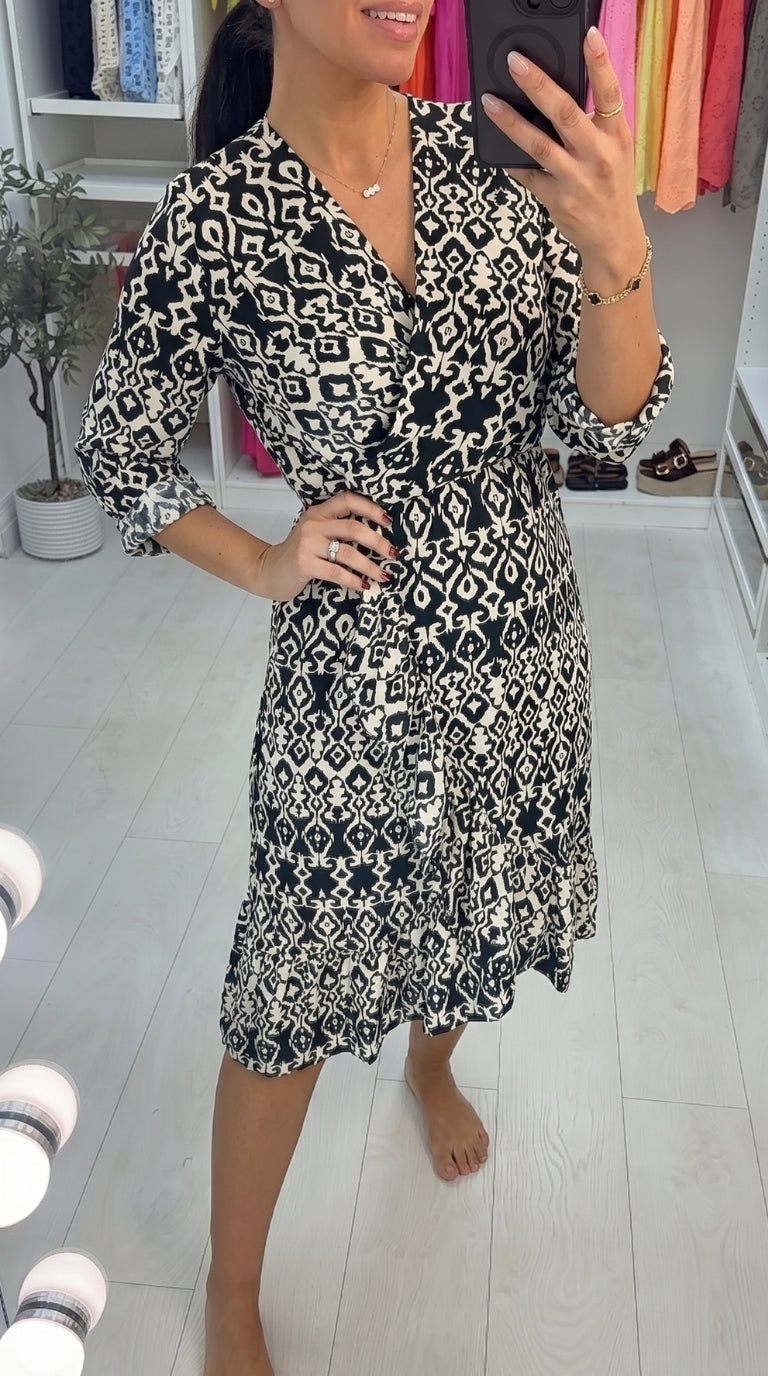 Sassy Monochrome Print Frill Detailed Wrap Dress