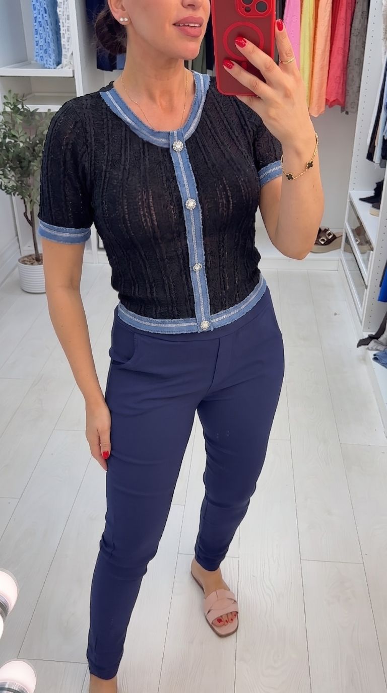 Olisa Textured Denim Trim Short Sleeve Top