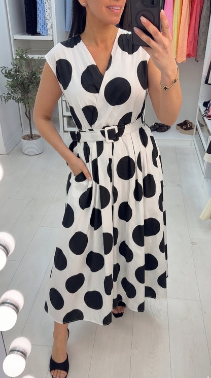 Jarna Polka Dot V Neck Belted Maxi Dress