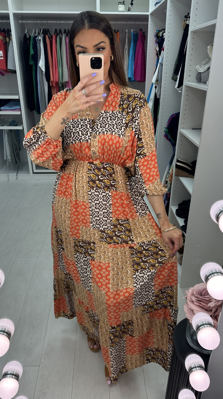 Aldona Multi Pattern Long Sleeve Maxi Dress