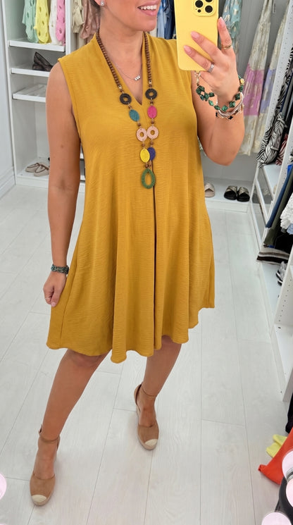 Ebby Plain V Neck loose Fit Necklace Dress