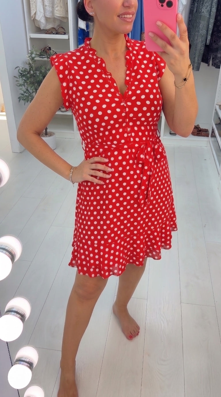 Ascot Red Polka Dot Frill Sleeve Tie Waist Dress