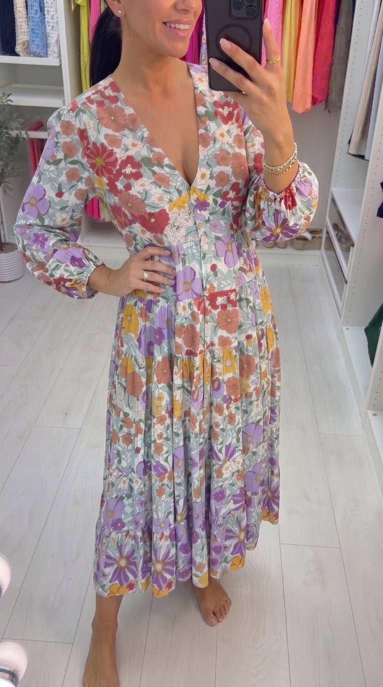 Andriana Multi Purple Floral Print Tiered Hem Maxi Dress