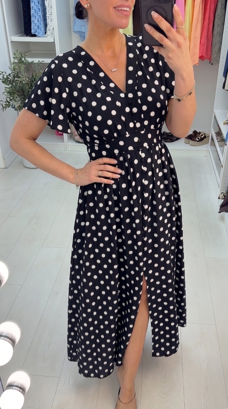 Clarissa Polka Dot V Neck Maxi Dress