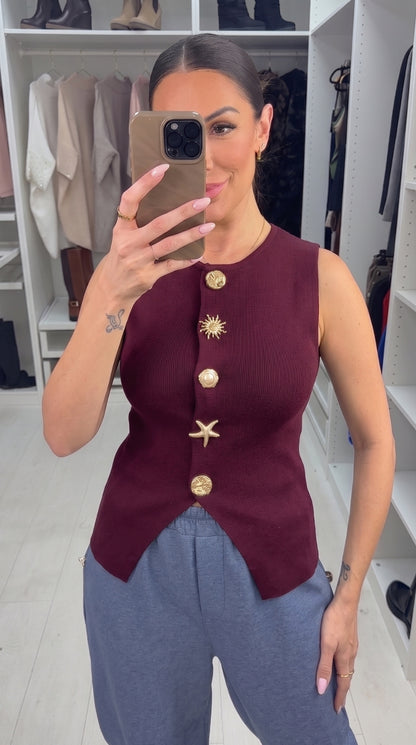 Natasha Embellished Button Sleeveless Knit Top
