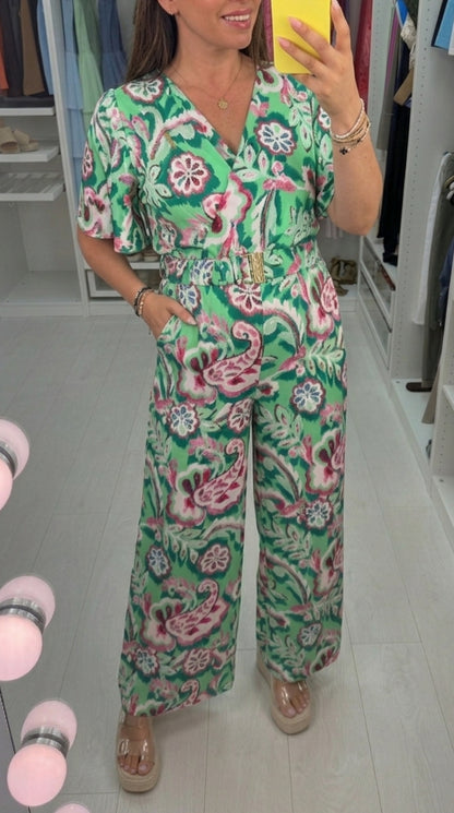 Dakota Floral Print V Neck Wide Leg Belted Jumpsuit