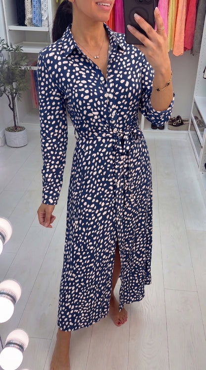 Taymer Printed Tie Waist Floaty Shirt Dress