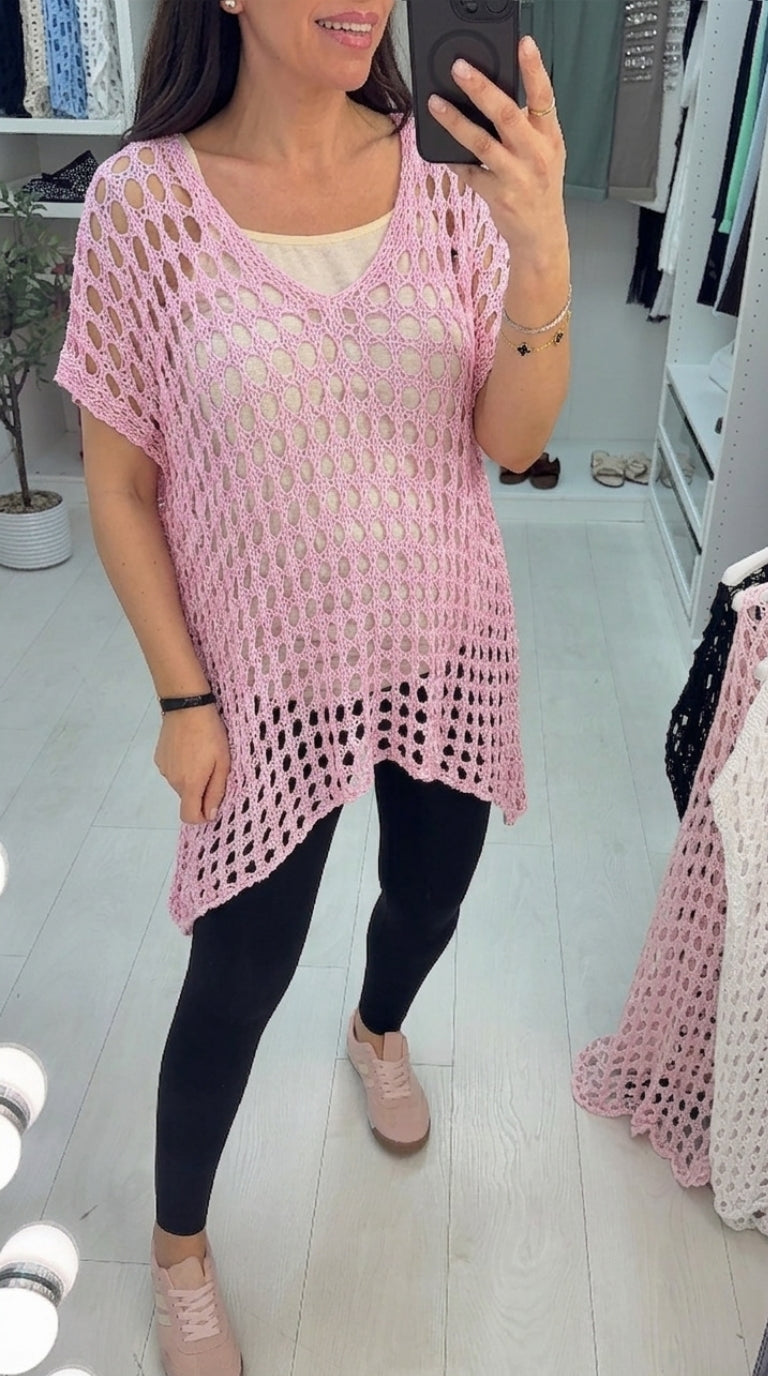 Iyla V Neck Dipped Hem Longline Crochet Top