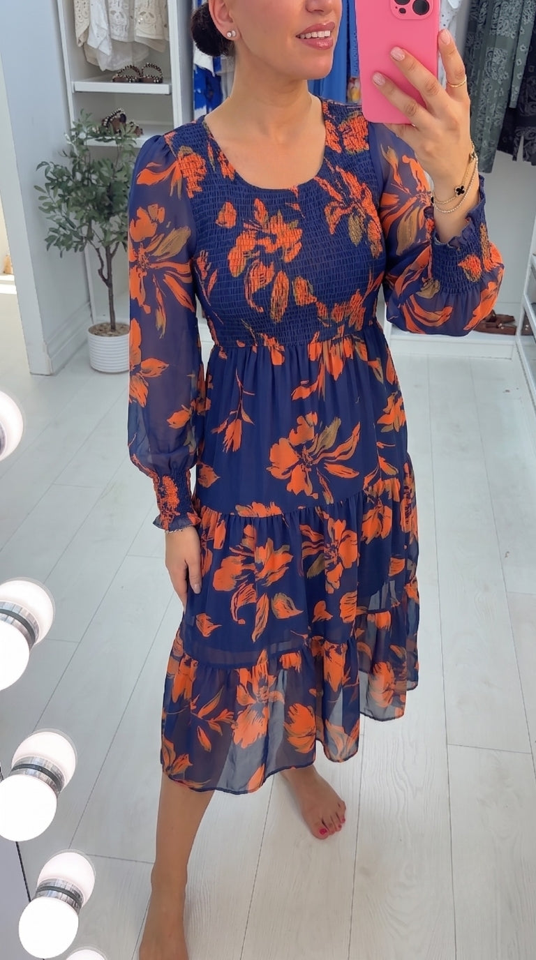 Matena Navy Floral Elasticated Sheer Midi Dress