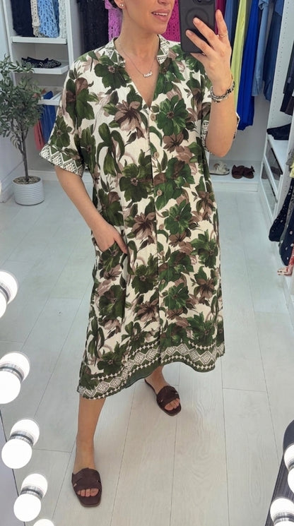 Marline Floral Print Button Front Loose Fit Dress