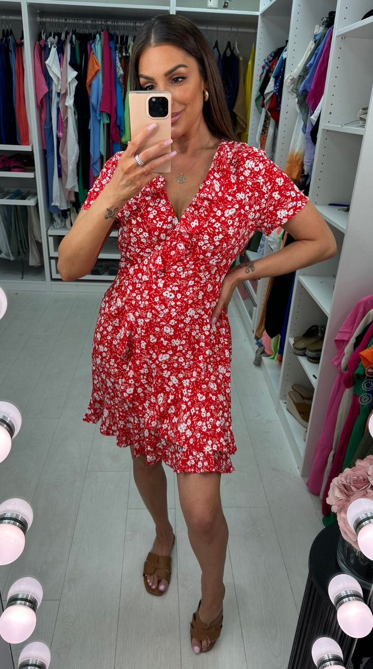 Emry Red Floral Print Ruffle Dress