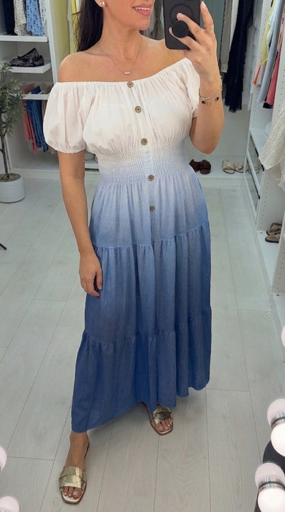 Annalisa Button Detailed Short Sleeve Ombre Maxi Dress