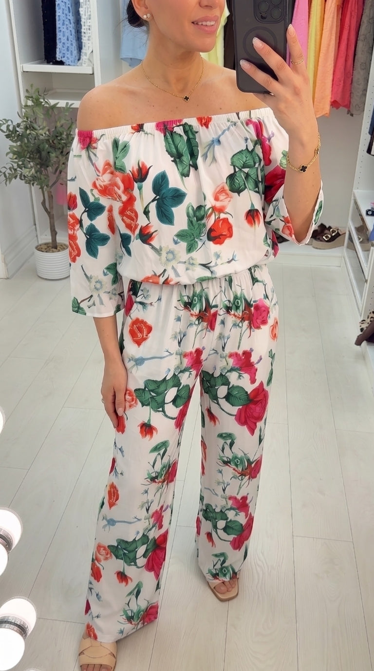 Pumpkin Floral Print Bardot Jumpsuit