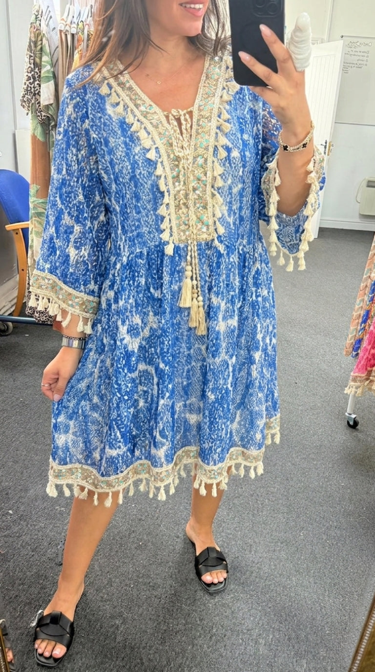 Konnie Embellished Tassel Detail V Neck Midi Dress