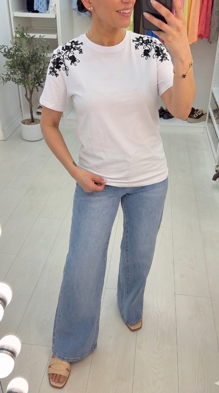 Beckie Plain Embroidered Shoulder Detail T-Shirt
