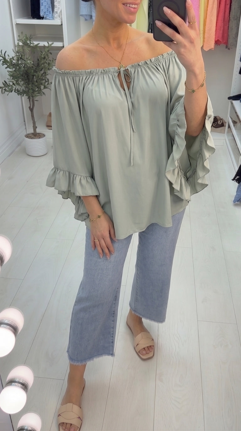 Amberlyn Plain Loose Fit Frill Sleeve Bardot Top