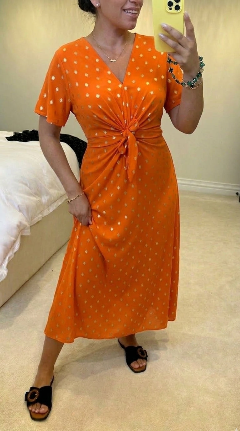 Michelle Gold Polka Print Maxi Dress