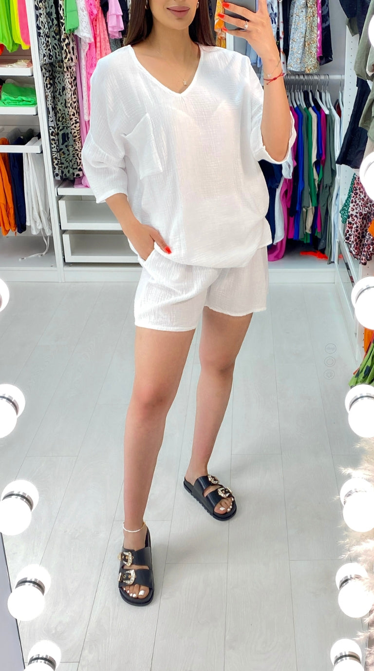 Addiena Cheesecloth Two Piece Shorts Loungewear Set