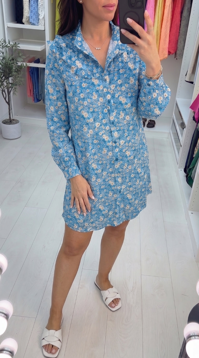 Dasha Blue Floral Frill Detail Button Blouse Dress