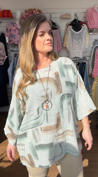 Ivona Abstract Print Necklace Dipped Hem Top