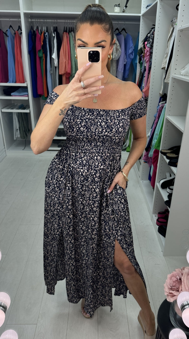 Leonn Navy Floral Bardot Split Maxi Dress