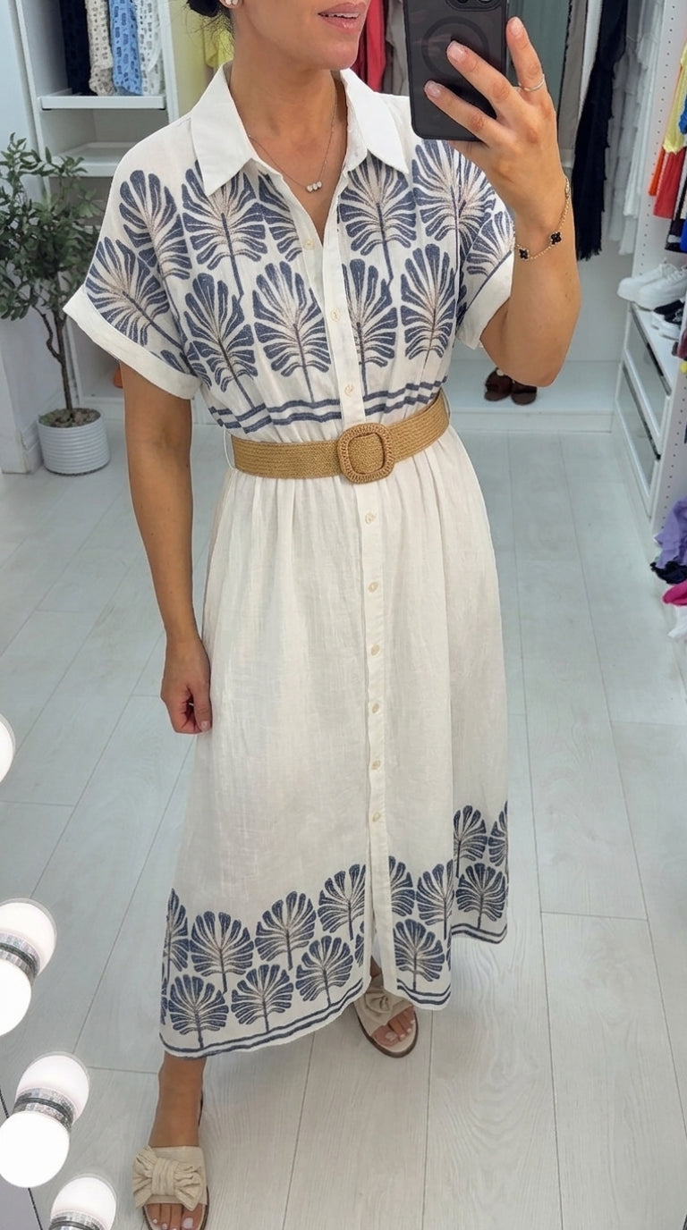 Antonia Embroidered Detail Belted Shirt Dress