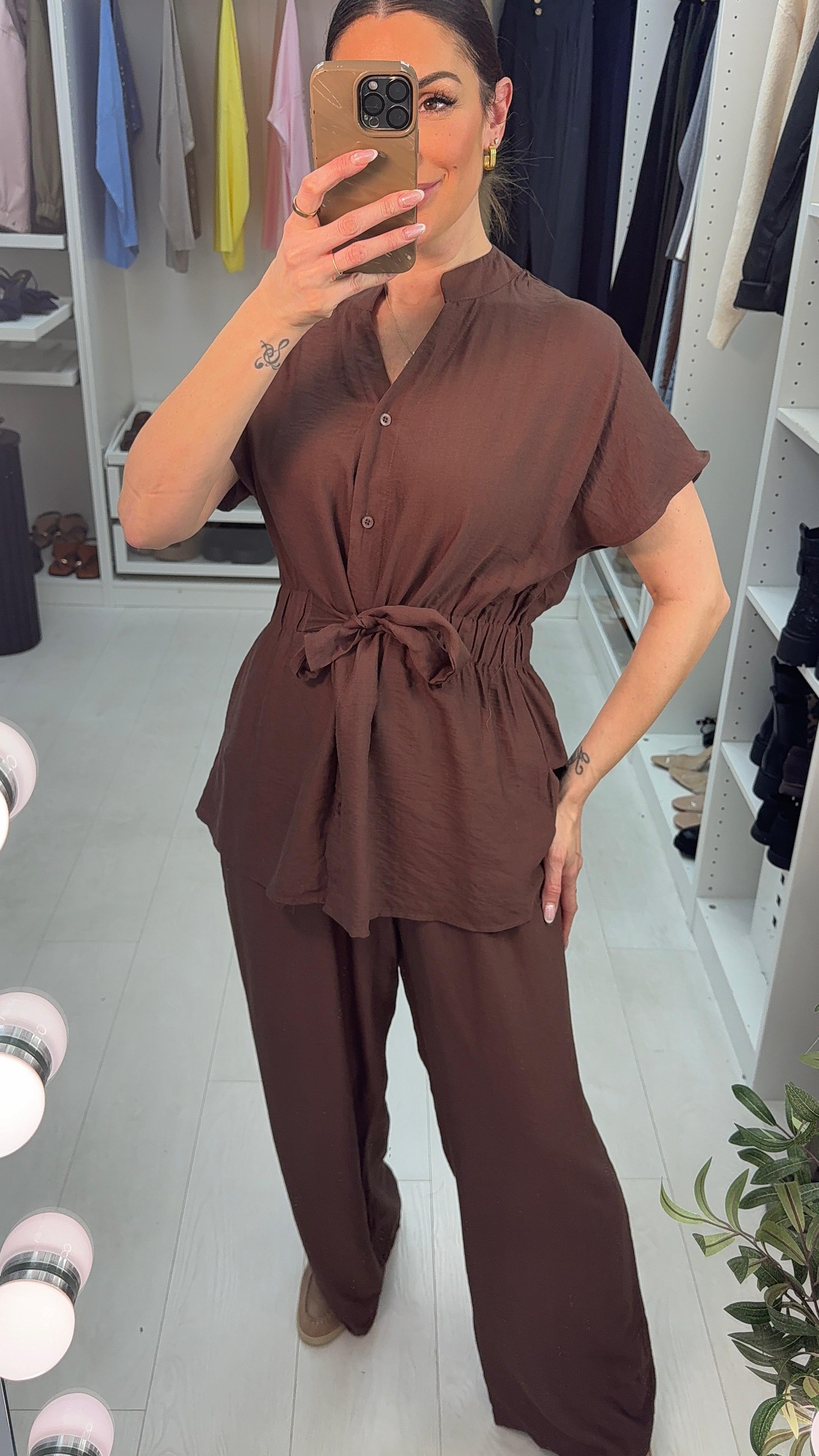 Queenie Plain Elasticated Tie Waist Top Co-Ord Set