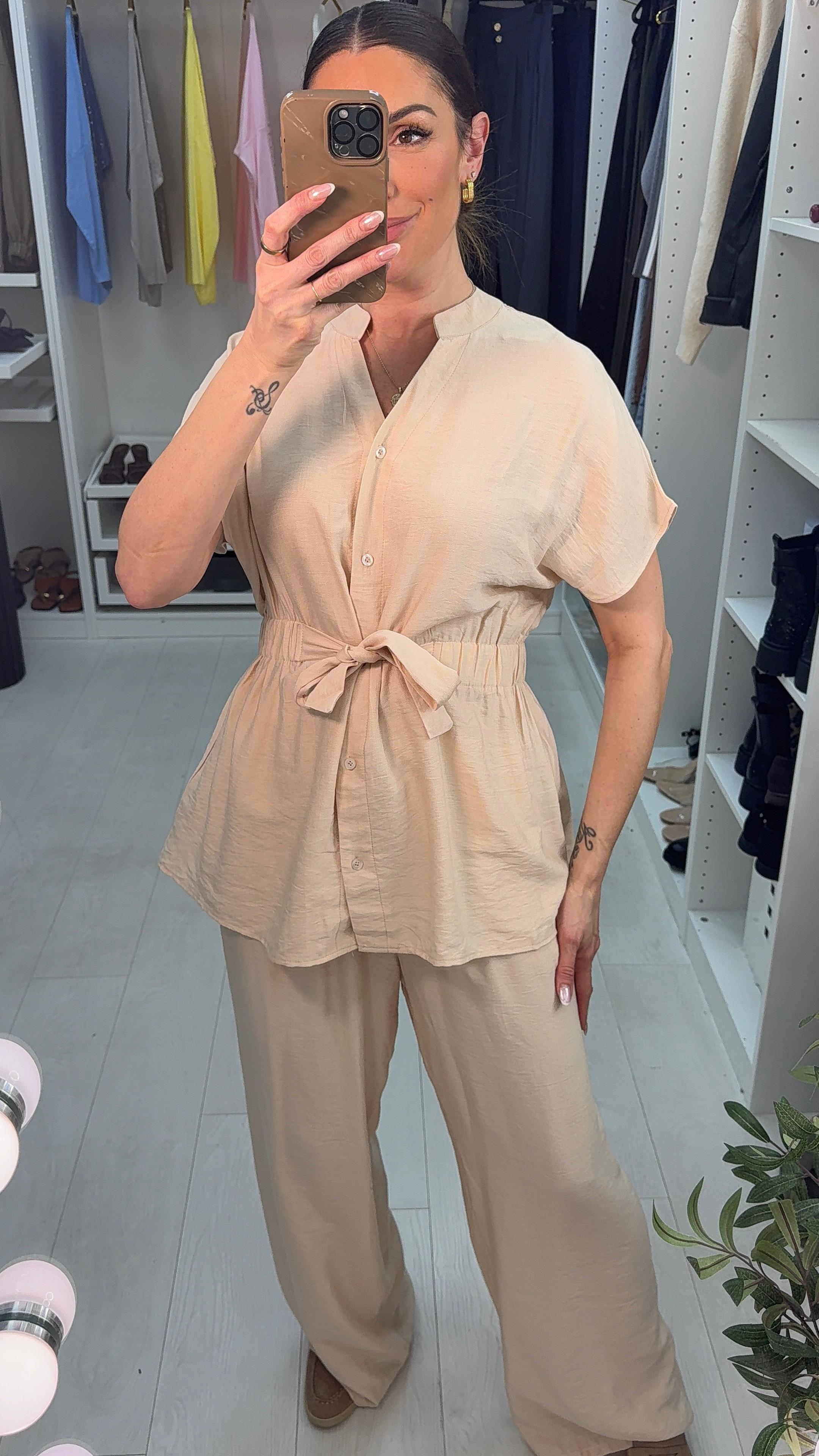 Queenie Plain Elasticated Tie Waist Top Co-Ord Set