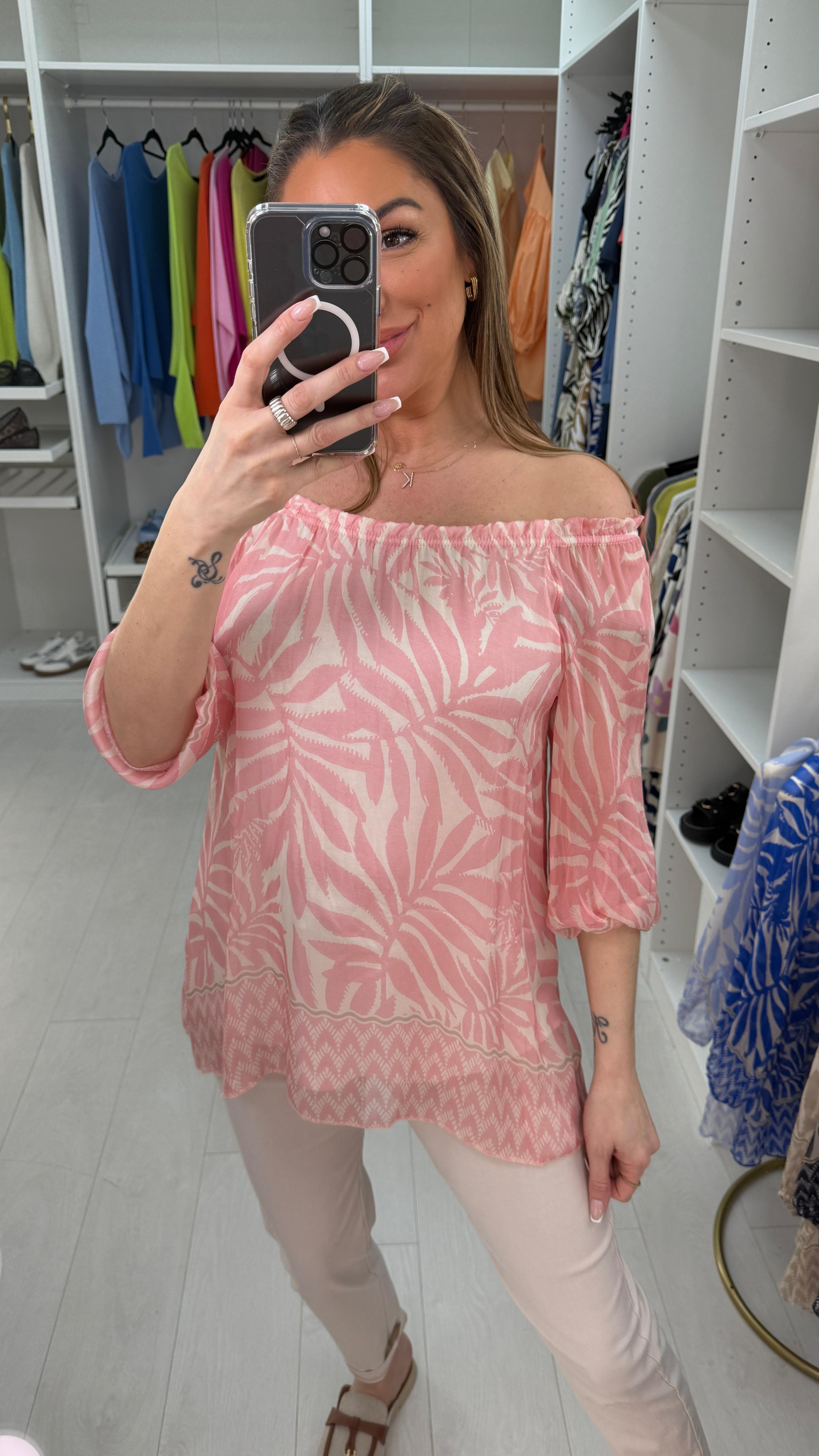 Carrie Leaf Print Bardot Blouse