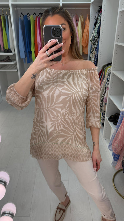 Carrie Leaf Print Bardot Blouse