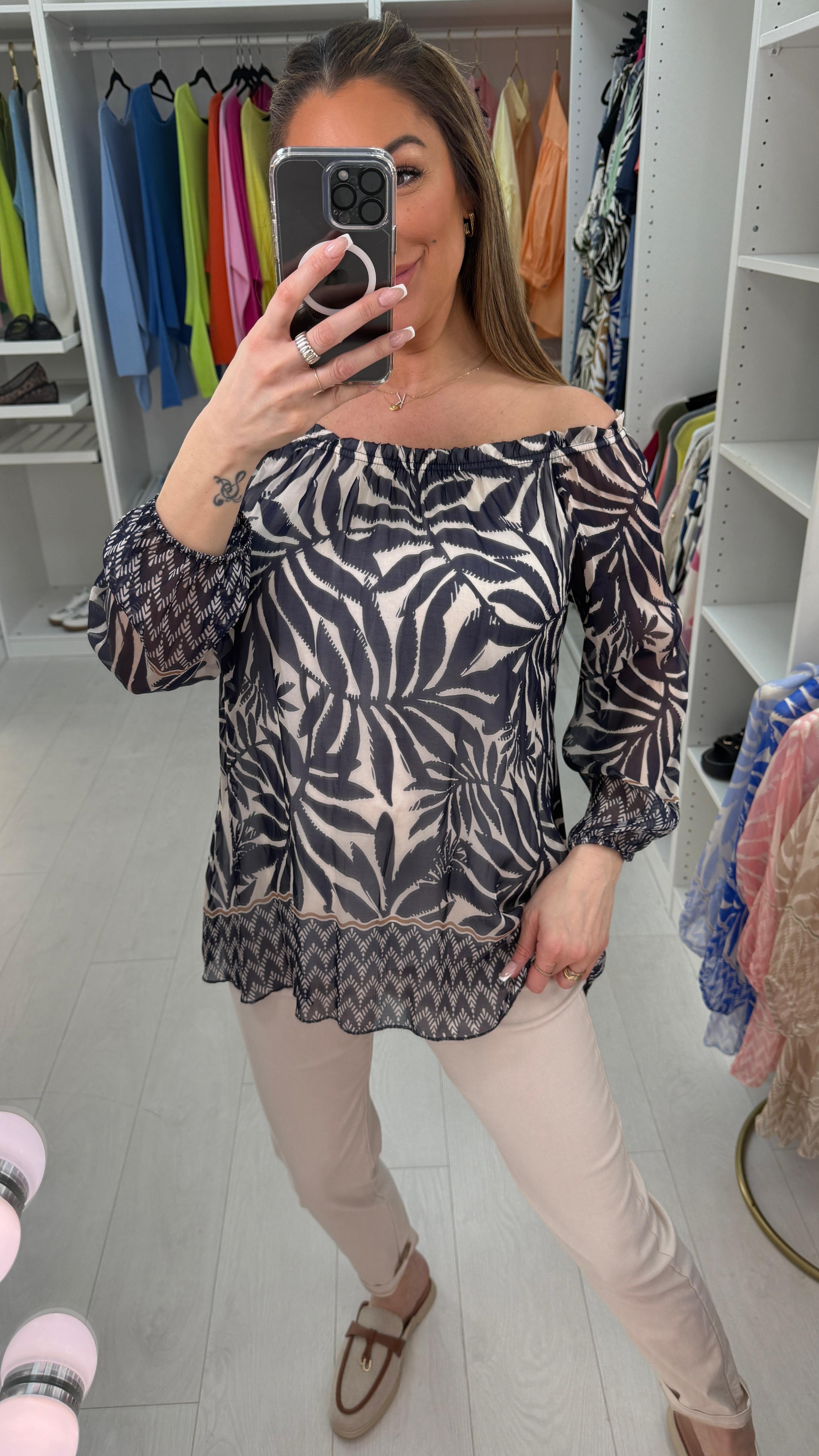 Carrie Leaf Print Bardot Blouse