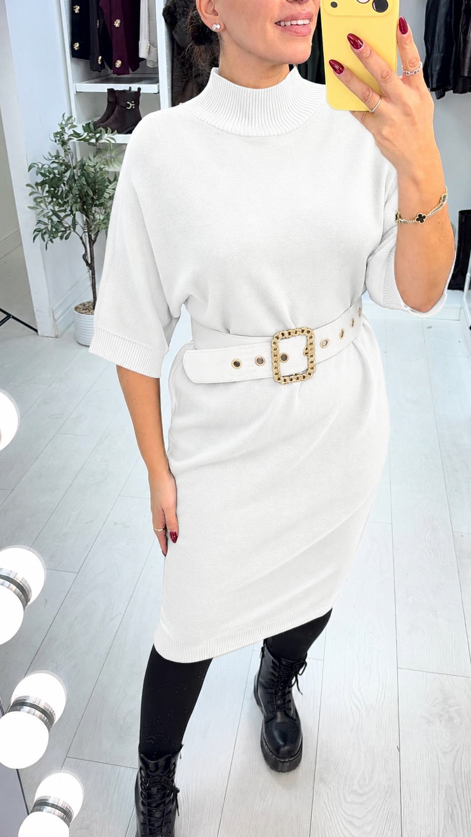 Katherine Plain High Neck Belted Jumper Dress