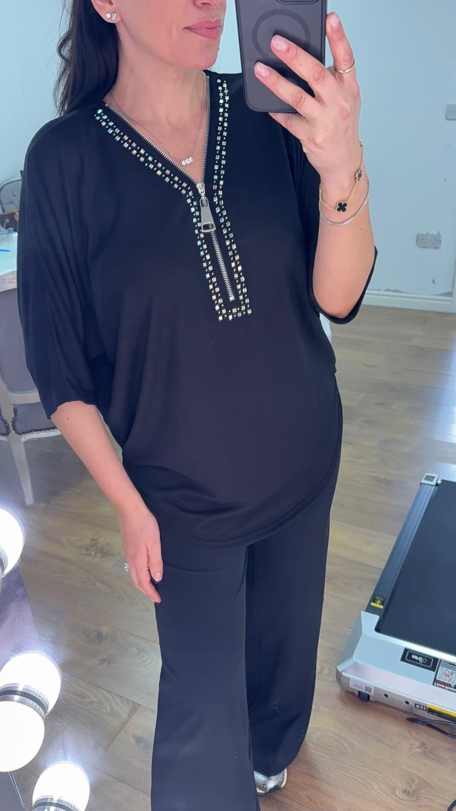 Tarrise Embellished V Neck Zip Front Top