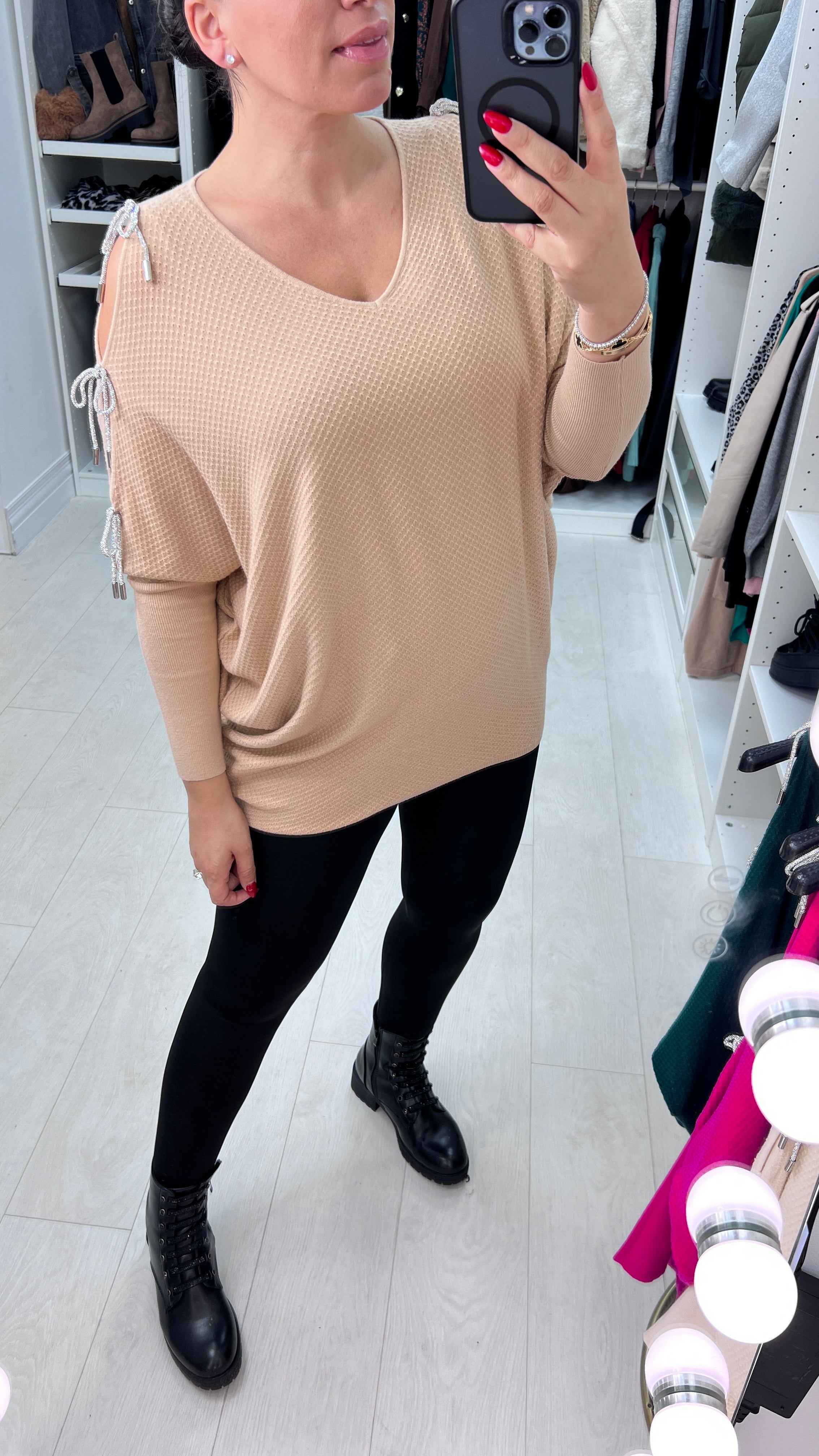 Adria Cold Shoulder Metallic Diamante Bow Jumper