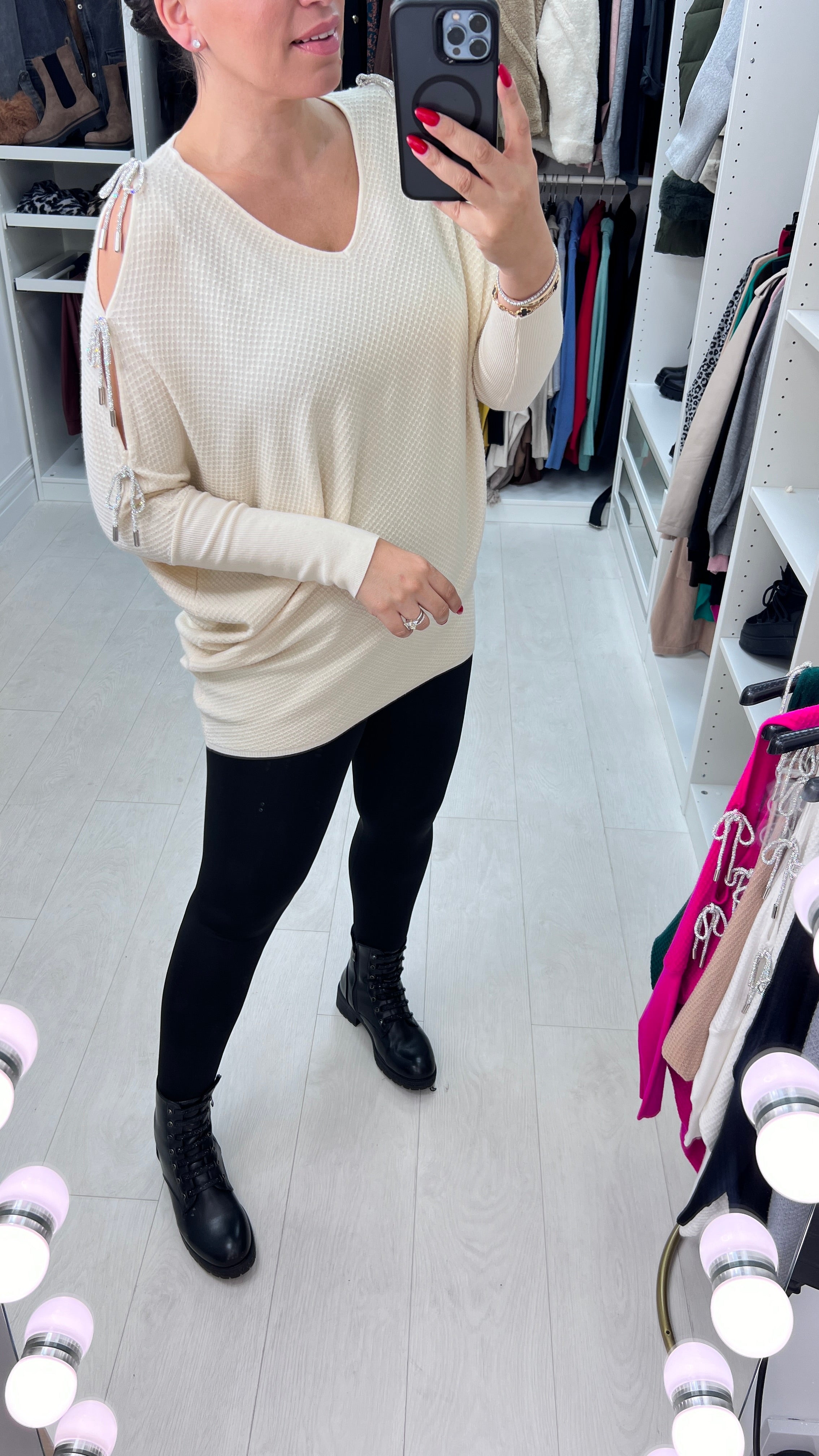 Adria Cold Shoulder Metallic Diamante Bow Jumper